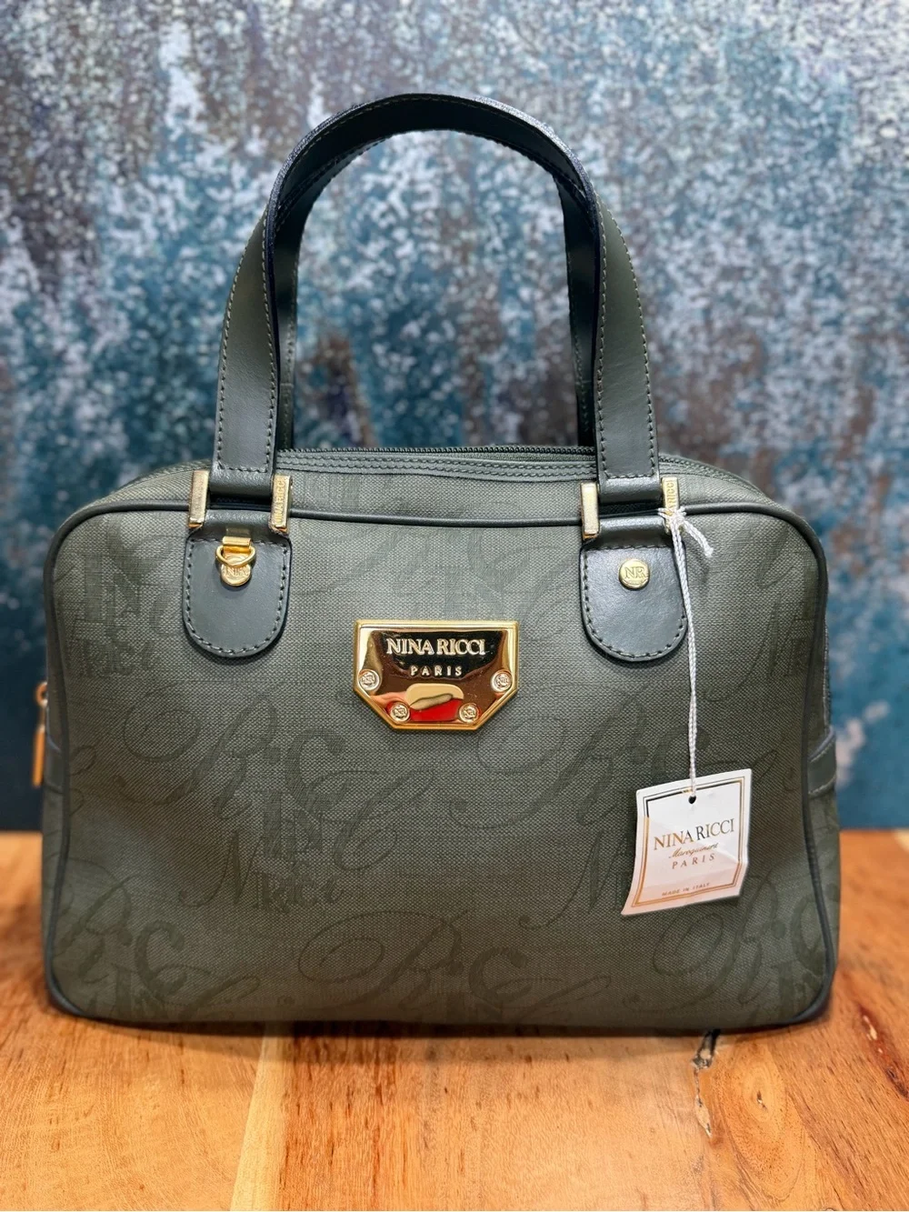 Nina Ricci 2010s Parisian Bottle Green Monogram Satchel Crossbody Bag